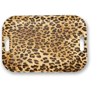Serving Trays with Handles, 14.5 x 9.8 inch Rectangular Plastic Tray for Restaurant, Kitchen, Brown Leopard