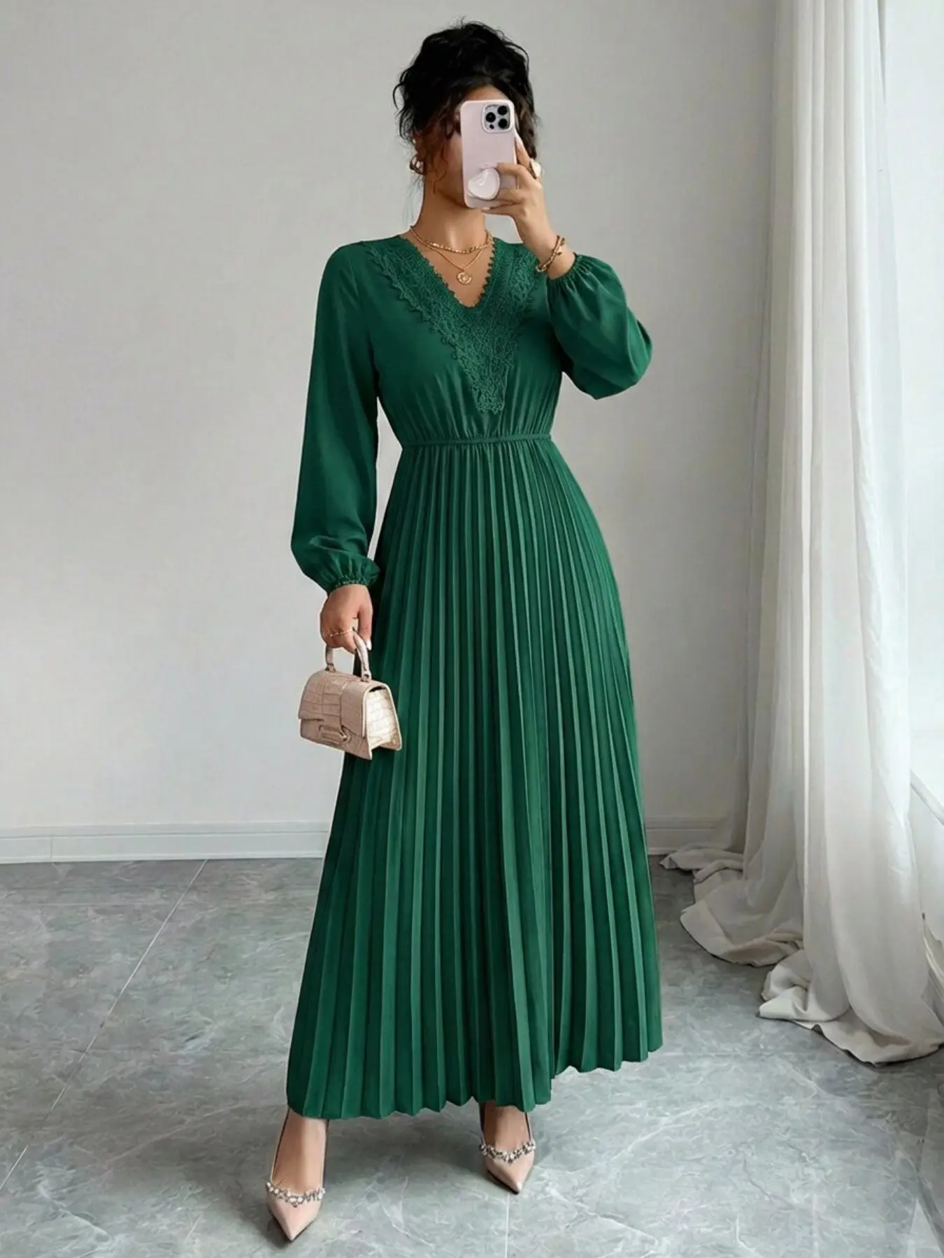 Elegant V-Neck Lace Trim Long Sleeve Ruffle Waist Midi Dress, Spring & Fall  Pure Color Fashion, Women's Casual Wear - TikTok Shop