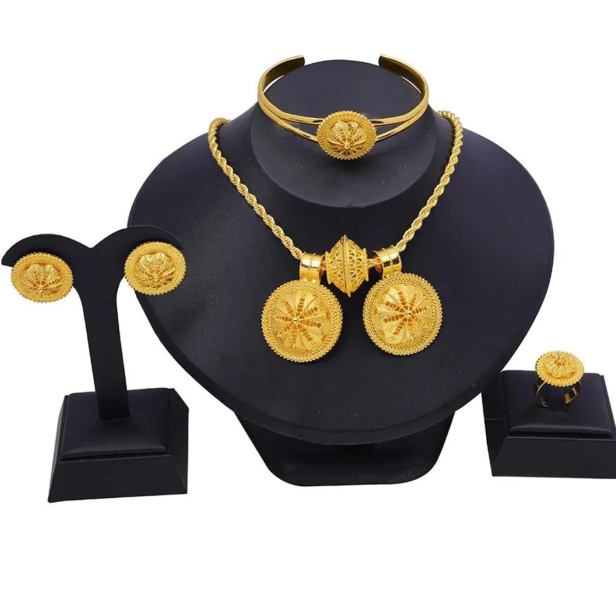 Women's 4-Piece Tarnish-Resistant Gold Plated Filigree Sunburst Pendant Combo Jewelry Set - Necklace, Earrings, Ring, Cuff Bracelet - for Bridal, Cultural Events (Gold-Colored Set Jewelry), Combo Jewelry Sets, Gold-Colored Jewelry Sets