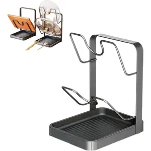 Pot Lid Holder with Spoon Rest, Kitchen Pot Lid Storage Rack with Removable Tray, Lid Holder While Cooking, Lid And Spoon Rest, Multifunctional Kitchen Organizer Stand for Countertop (Gray)