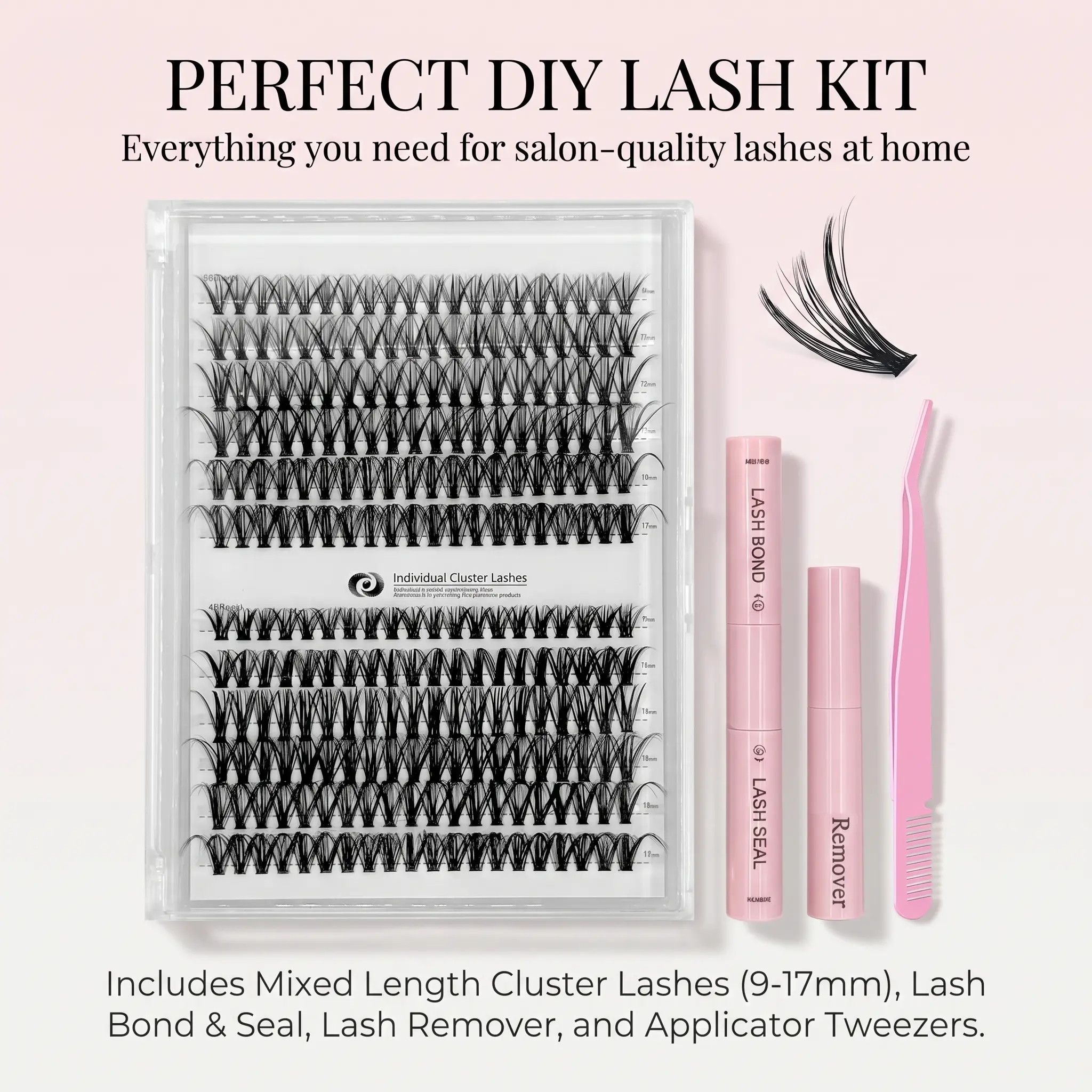 False Eyelash Extension Kit with Artificial Grafted False Eyelashes & Adhesives, Soft Natural D-Curl Mixed-Length Lashes for Flawless Look, Includes Bond, Seal, Remover, Tweezers, Curler