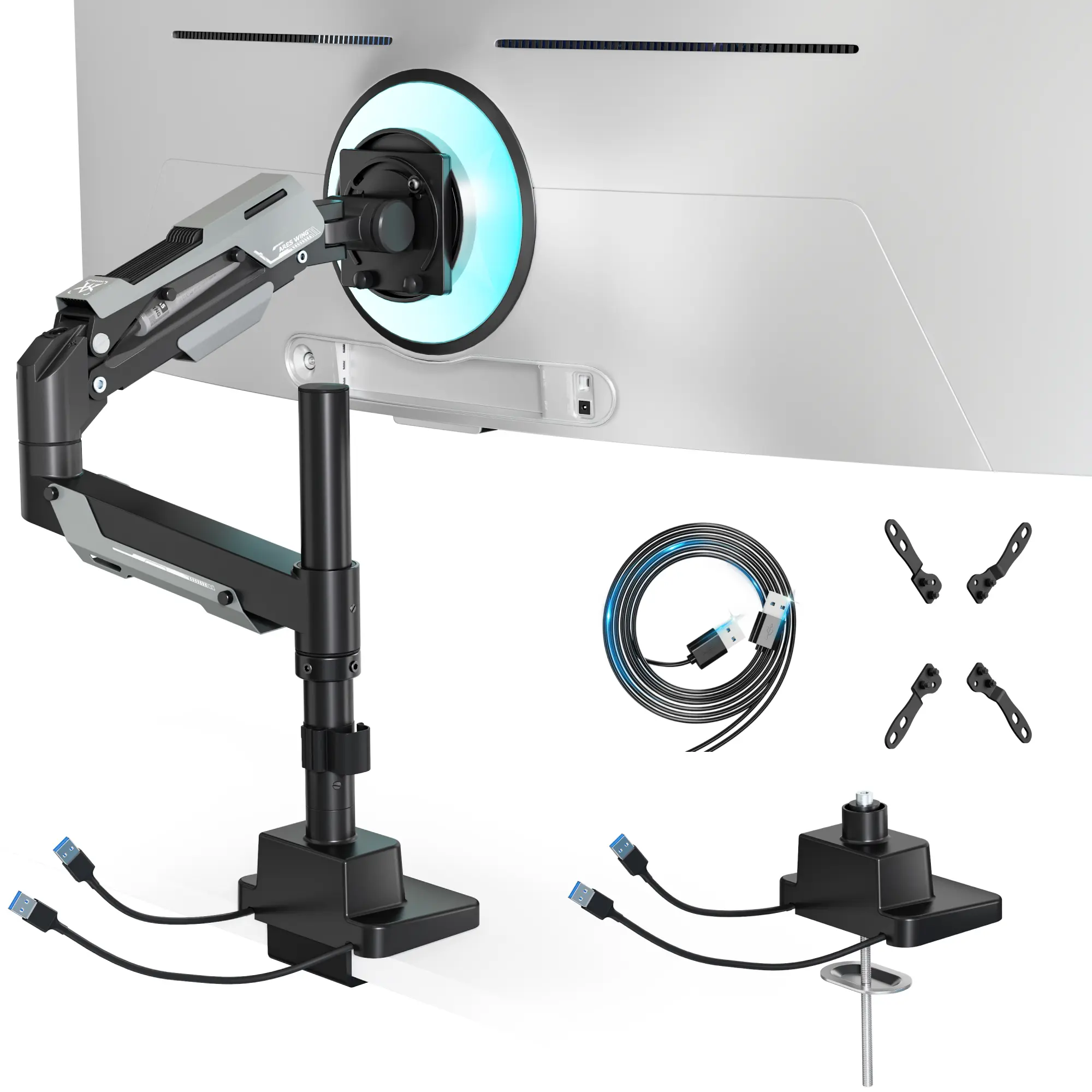 ARES WING Monitor Mount with USB, Ultrawide Monitor Arm for 24 to 57 Inch Heavy Duty Curved Screen, Adjustable Gas Spring Monitors Arm Stand up to 66LBS with 75/100/200 Vesa Mount tiktokshopbacktoschool