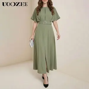 UOOZEE Women's New Spring Summer Solid Color Crew Neck Batwing Sleeve Belted Midi Dress with Pockets, Luxury Elegant Workwear Dresses Office & Party Wear