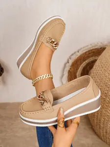 Women's Slip-On Low Heel Thick Sole Flatform Shoes, Footwear, Casual Versatile Comfortable Simple Decorative Buckle, Modern European Style Loafers