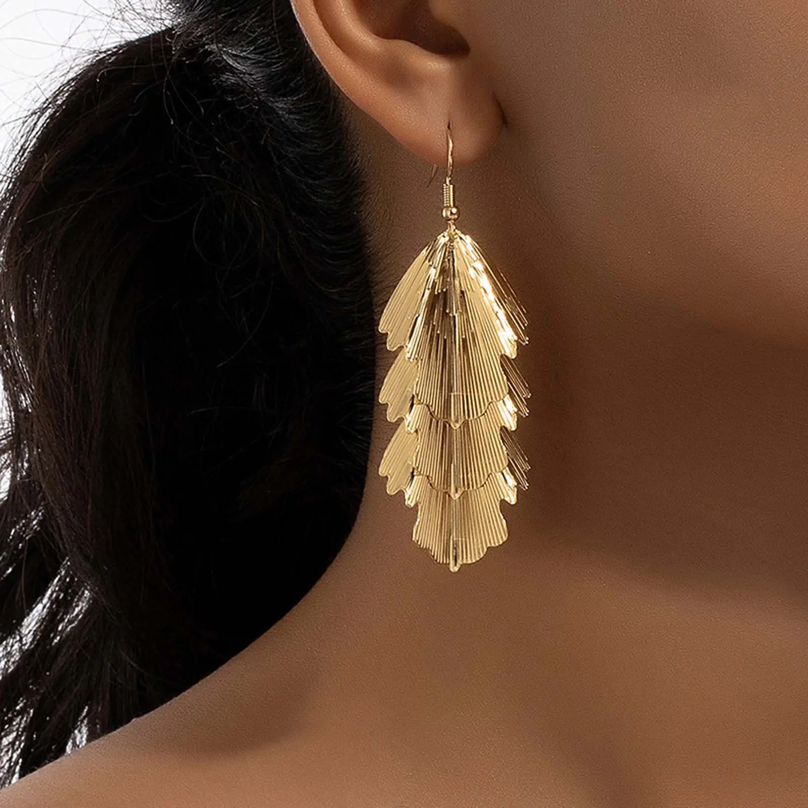 Women's Earring Stacking Set - Golden Leaf Layered Metal, Artificial Gemstone, Daily Wear Jewelry Accessory Gift
