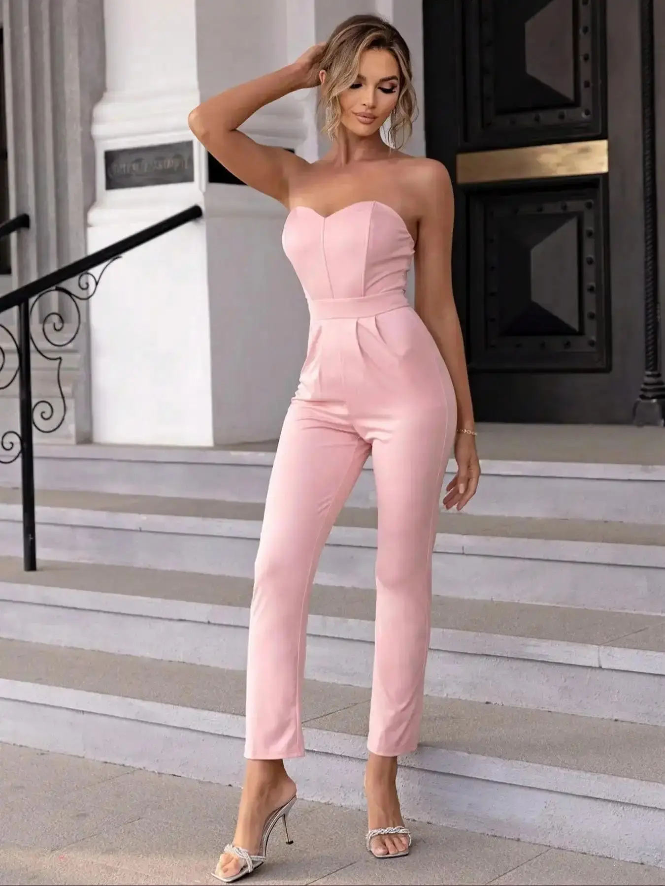 Women's Solid Backless High Waist Fitted Tube Jumpsuit, Nightclub Summer Clothes Women, Sleeveless Strapless for Party Club Dating, Ladies Womenswear Style Fit oversized elegant polished smart casual