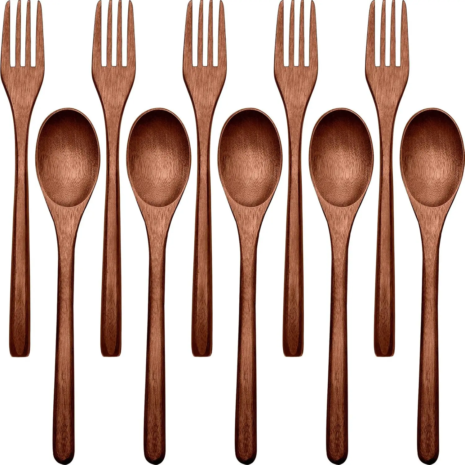 10-Piece Handmade Heat Resistant Natural Wooden Flatware Set - Reusable Natural Cutlery Dinnerware, Compact Camping Office Kitchen Dining Utensils (Spoons & Forks), Car Interior Decoration Accessory