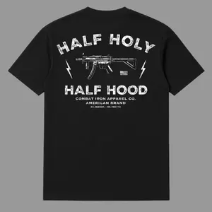 Half Holy Half Hood Tactical T Shirt With Rifle Graphic And Bold Street Warrior Design, Urban Tactical Apparel For Men Who Balance Faith And Hustle, Military Style Shirt For Gym Streetwear And Tactical Lifestyle Wear