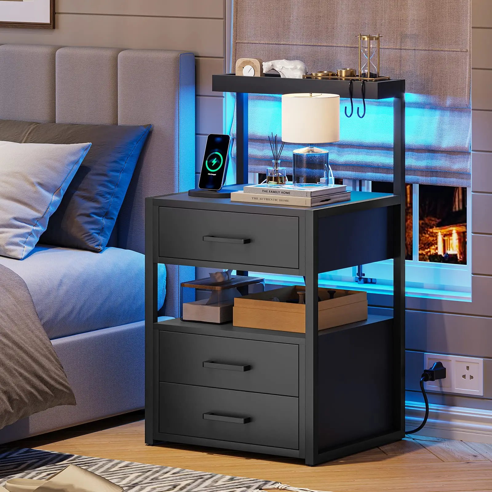 SIKAIC Modern Narrow Bedroom Nightstand - 15.7"D X 17.7" W X 34.6"H Black Indoor Bedside Side Table with Charging Ports, RGB Lights, 3 Drawers, Metal Legs, Assembly Required