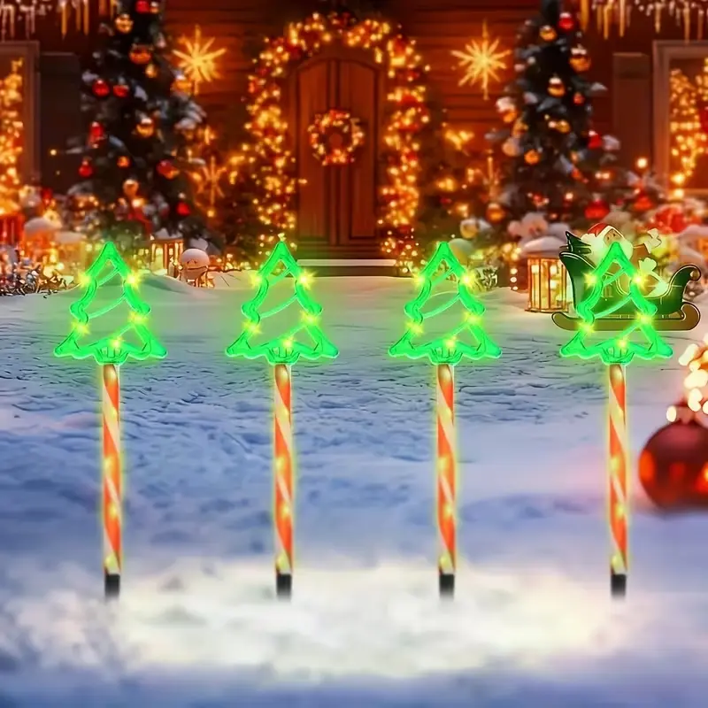 4-in-1 Christmas Tree Ground Stake Lights with 8 Flashing Modes, Warm White Light, Battery-Powered Outdoor/Indoor/Outdoor Step Lights with Push Button Control, Portable Semi-flush Mount For Garden, Lawn, Porch, Patio, Terrace, Yard