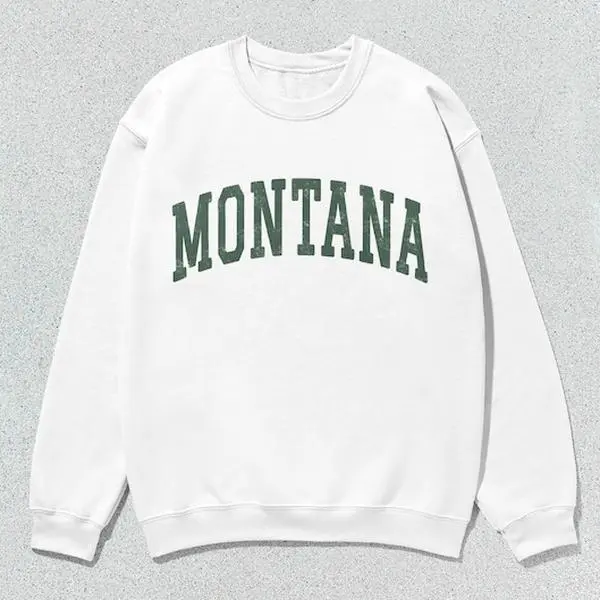 Unisex Montana Sweatshirt, Collegiate Style Distressed Crewneck Sweater, Casual Long Sleeve Graphic Top in Sage Green