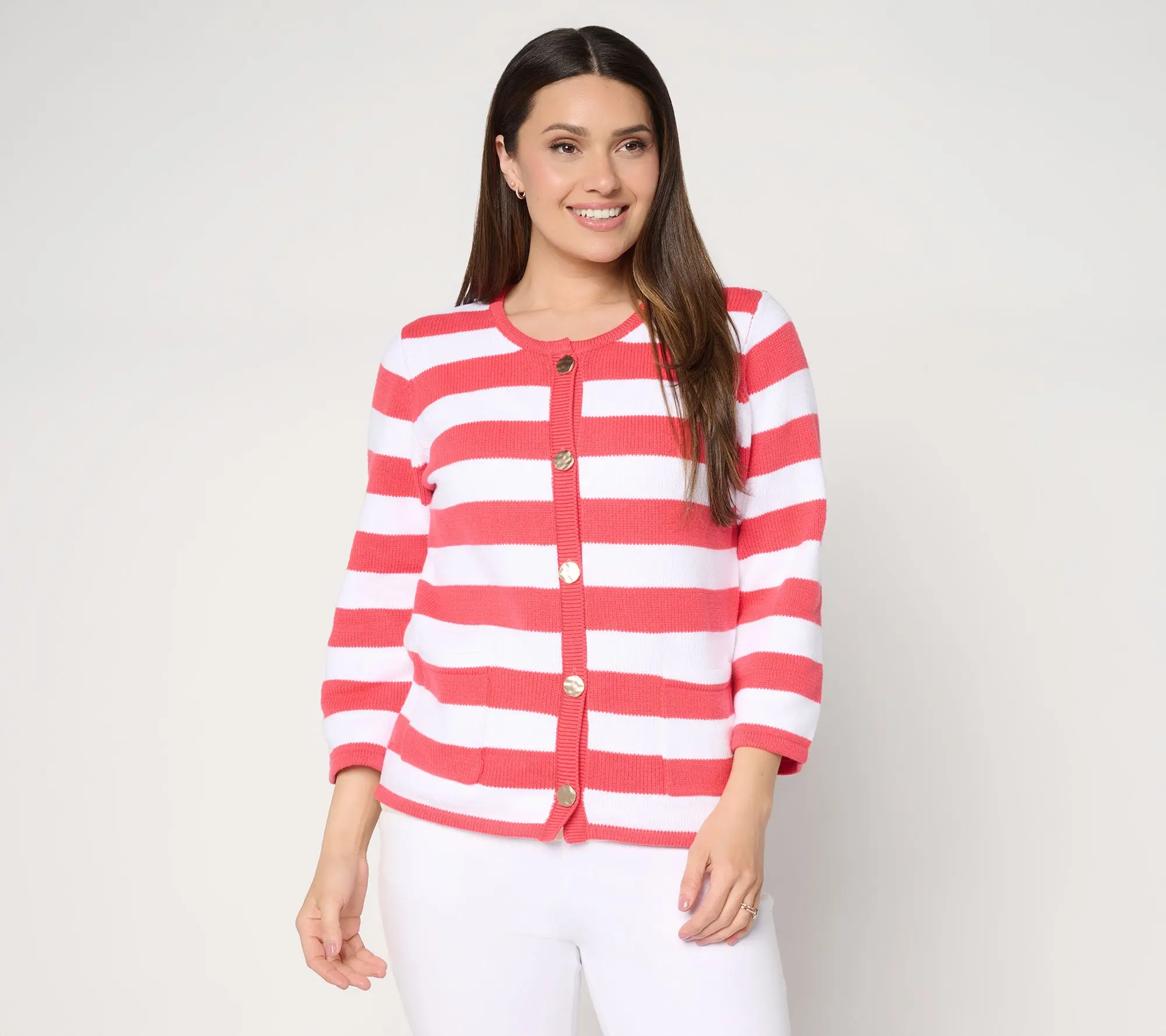 Dennis Basso Stripped Sweater Top with Elbow Sleeves