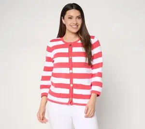 Dennis Basso Stripped Sweater Top with Elbow Sleeves
