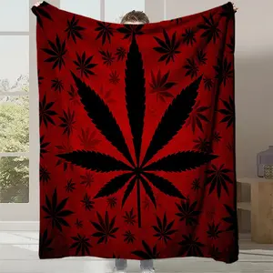 1pc Leaf Print Blanket - Heavy-Duty Quilted Flannel Bedspread with Black & Red Marijuana Leaf Pattern, Soft Warm All-Season Bed  Warm Haven Textiles