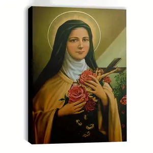 1pc Framed Saint Therese of Lisieux Canvas Art Poster - Catholic Saints Wall Decor with Roses & Crucifix, Religious Painting for Prayer Room, Living Room, Church - Ready-to-Hang Framed Canvas Print, Religious Wall Art