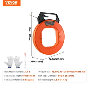 VEVOR Fish Tape, 100 ft, 3/16-inch, Fiberglass Cable Guide with Enhanced Casing and Grip, User-Friendly Wire Routing Instrument, Bendable Wiring Aid for Walls and Electrical Ducts, Insulating