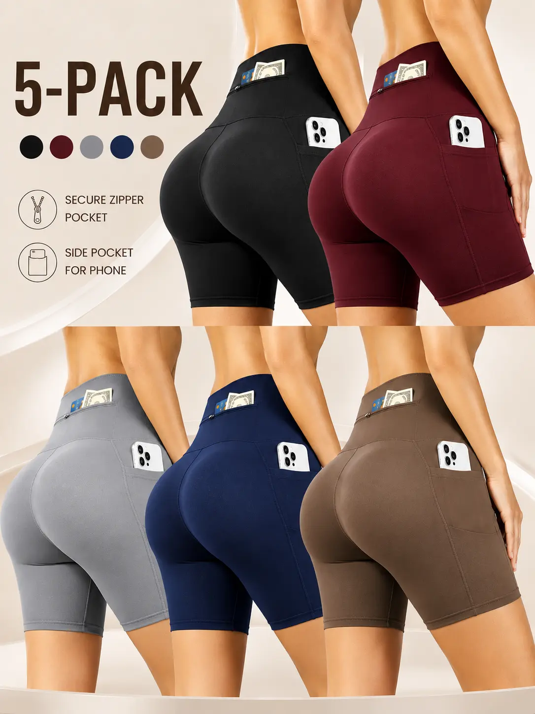 Women's 5-Pack High Waist Biker Shorts - Quick Dry, Stretch Activewear with Zipper Pockets, Tummy Control for Gym Training, Athletic Workouts
