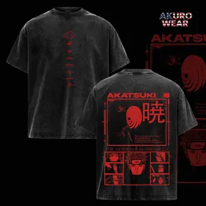 Akatsuki T-Shirt – Vintage Washed Naruto Inspired Tee, Akatsuki Organization Anime Graphic Shirt, Oversized Soft Cotton Streetwear, Unisex Casual Apparel, Gift for Anime Fans