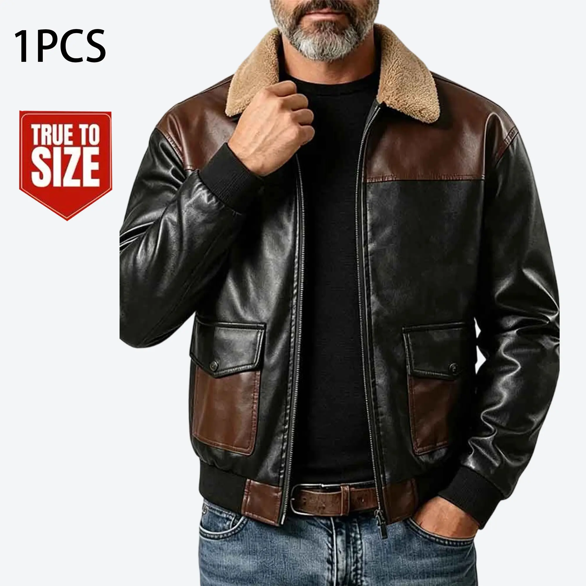 Men’s autumn/winter thickened PU leather jacket with a turn-down collar for warmth, comfortable trendy color-block patchwork casual biker jacket