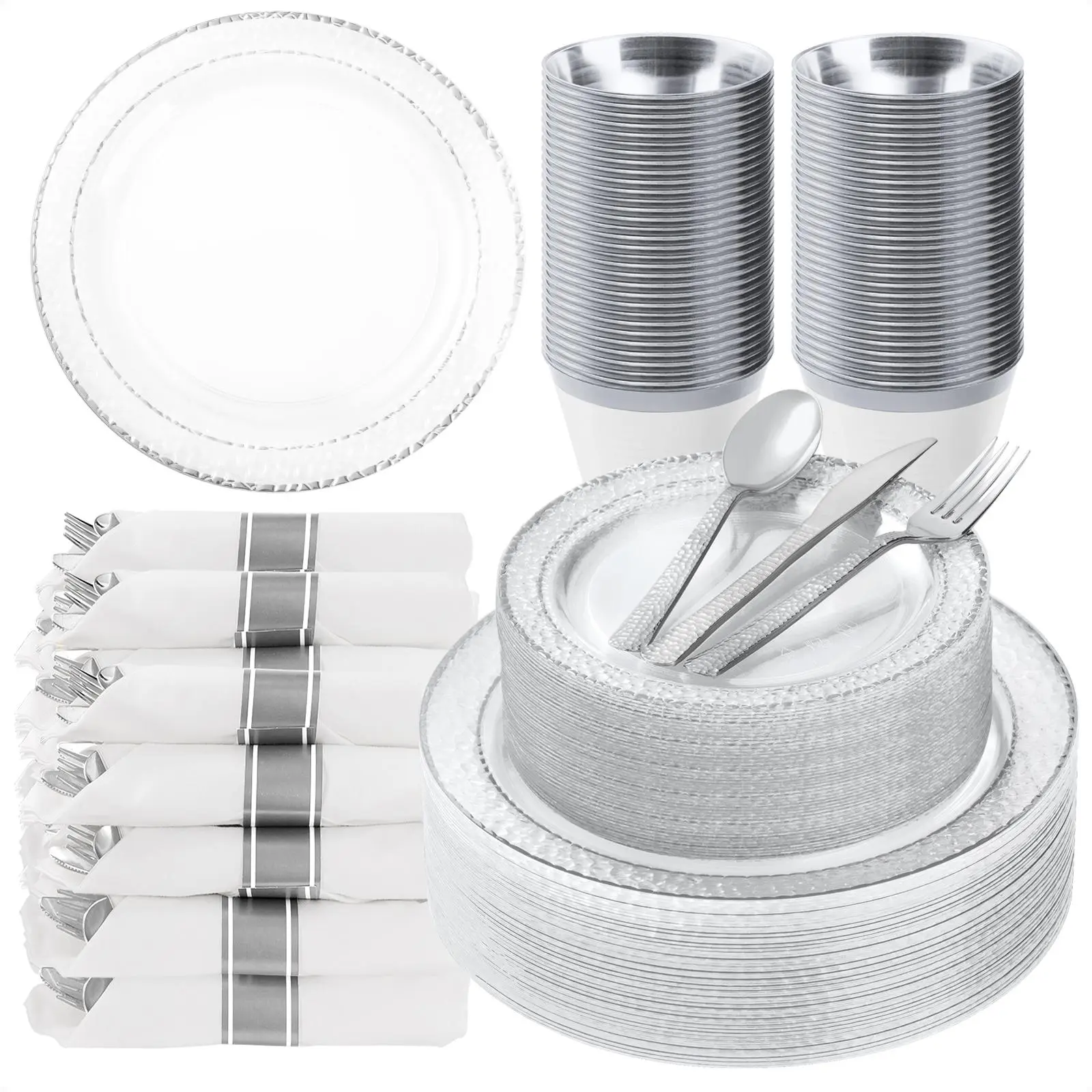 350PCS Premium Silver Rim BPA-Safe Disposable Plastic Tableware Set - Festive Party Supplies with Dinner Plates, Dessert Cups, Napkins for Weddings, Anniversaries