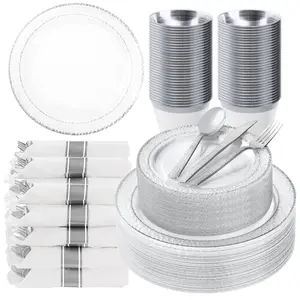 Premium 350PCS Silver Rim Party Tableware Set, Elegant Clear Plastic Plates Cups & Napkins, BPA-Free for Weddings, Parties & Anniversaries