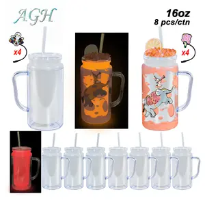AGH US NEW Halloween special 16OZ GLOW IN DARK TO Red&Orange color Snow globe KIDS tumbler Double wall plastic For DIY GIFT Halloween Party, With Pre Drilled Hole And Plugs