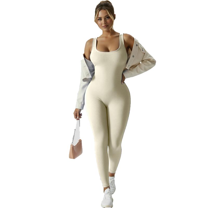 Women's Seamless Ribbed Knit High-Stretch Tummy Control Butt Lifting Yoga Bodysuit Square Neck Sleeveless Plain Solid Color Long Length Minimalist Elegant All Seasons Athletic Style Workout Gym Clothing