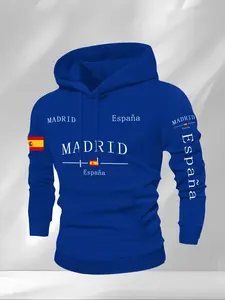 Men's Thick Casual Hoodie, Trendy Style, Madrid Element Graphic Print, Regular Fit, Drawstring Pocket, Long Sleeve, Streetwear Fall & Winter, Sweatshirt