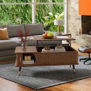 Lift Top Coffee Table with Hidden Compartment & Large Storage Shelf, Multi-Functional Rising Desk for Living Room Office, Mid-Century Modern Walnut