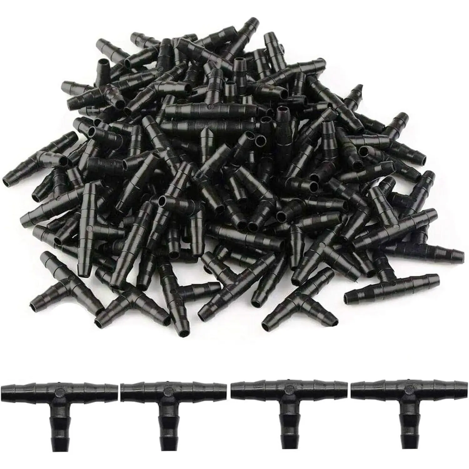 100-Piece Bulk Synthetic Universal Barbed Tee Fittings (1/4in), Water-Resistant Engineering Plastic Garden Connectors for 4mm/7mm Hoses, Secure Fit Easy-Install Drip Irrigation Parts (Free Replacement or Refund)