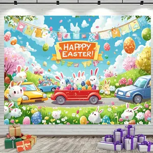 2D Flat 1pc Easter Paradise Backdrop Banner for Spring Theme, Featuring Flowers, Trucks with Eggs, Bunnies & Festive Flags, Ideal for Easter Decorations & Party Supplies