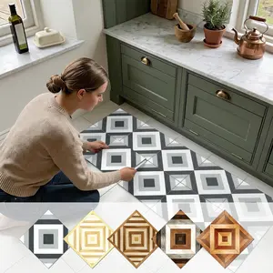 Wood Grain Geometric Tile Sticker, Self-Adhesive Floor Tiles, Thick Matte Surface, Easy to Clean, Removable Wall and Floor Decor