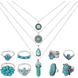 Turquoise Necklaces 12Pcs Turquoise Jewelry Set Include 4Pcs Turquoise Layered Necklaces 8Pcs Turquoise Stacking Knuckle Rings for Women (Silver)