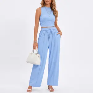 Women's 2 Piece Summer Ribbed Set| Sleeveless Crew Neck Tank Top & High Waisted Wide Leg Pants Outfits| Effortless Casual Lounge Matching Set