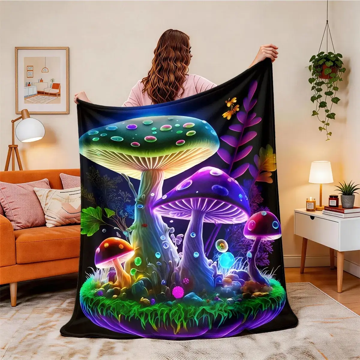 Neon Dream Mushroom Fantasy Flannel Blanket, Large Size, Soft and Lightweight, Perfect for All Seasons, Ideal for Bed, Sofa, Office, Camping, Travel
