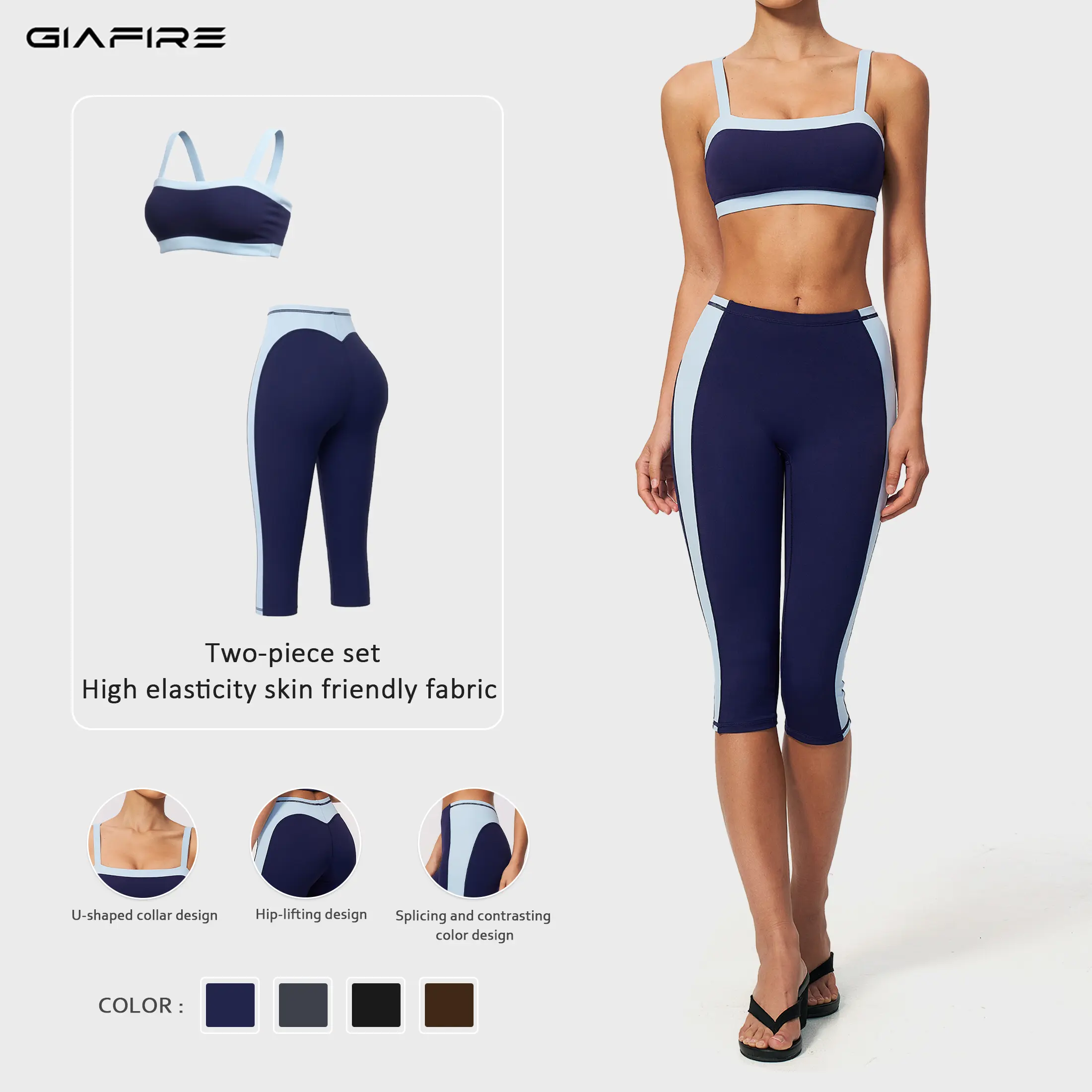 GIAFIRE Women's Color Block 2-Piece High-Stretch Yoga Workout Set U-square neck shockproof stretch sports bra with high-waisted butt-lifting breathable skin-friendly 7/8 yoga pants. Perfect for Pilates, yoga, gym, beach wear and daily casual outfits.