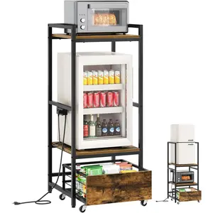 Mini Fridge Stand with Movable Drawer, Microwave Stand with Power Outlet, Mini Fridge Shelf with Adjustable Shelves, Kitchen Bakers Rack for Dorm, Dining Room, Home, Rustic Brown HB05UBR