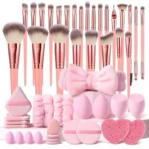 Unbox the Glam with Pink 25Pcs Makeup Brushes & Heart Shaped Cleaning Sponges & Mini and Standard Makeup Sponges & Triangle Puffs & Circular Puffs & Hairband & Wristbands & Water Drop Finger Puffs  – Instant Upgrade to Your Makeup Collection