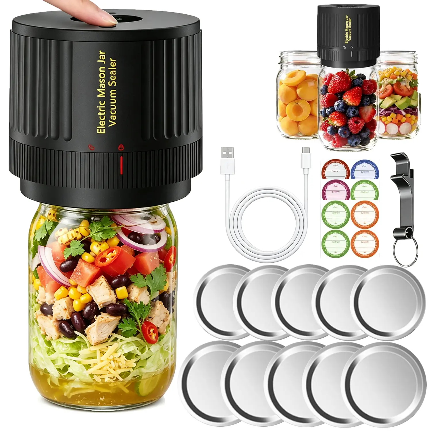 New Summer Portable Cordless Electric Mason Jar Vacuum Sealer Set–Features automatic shut-off;portable design;secure,non-slip seal;easy one-touch operation;essential for food storage and canning;a reliable kitchen tool/appliances  for secure sealing.
