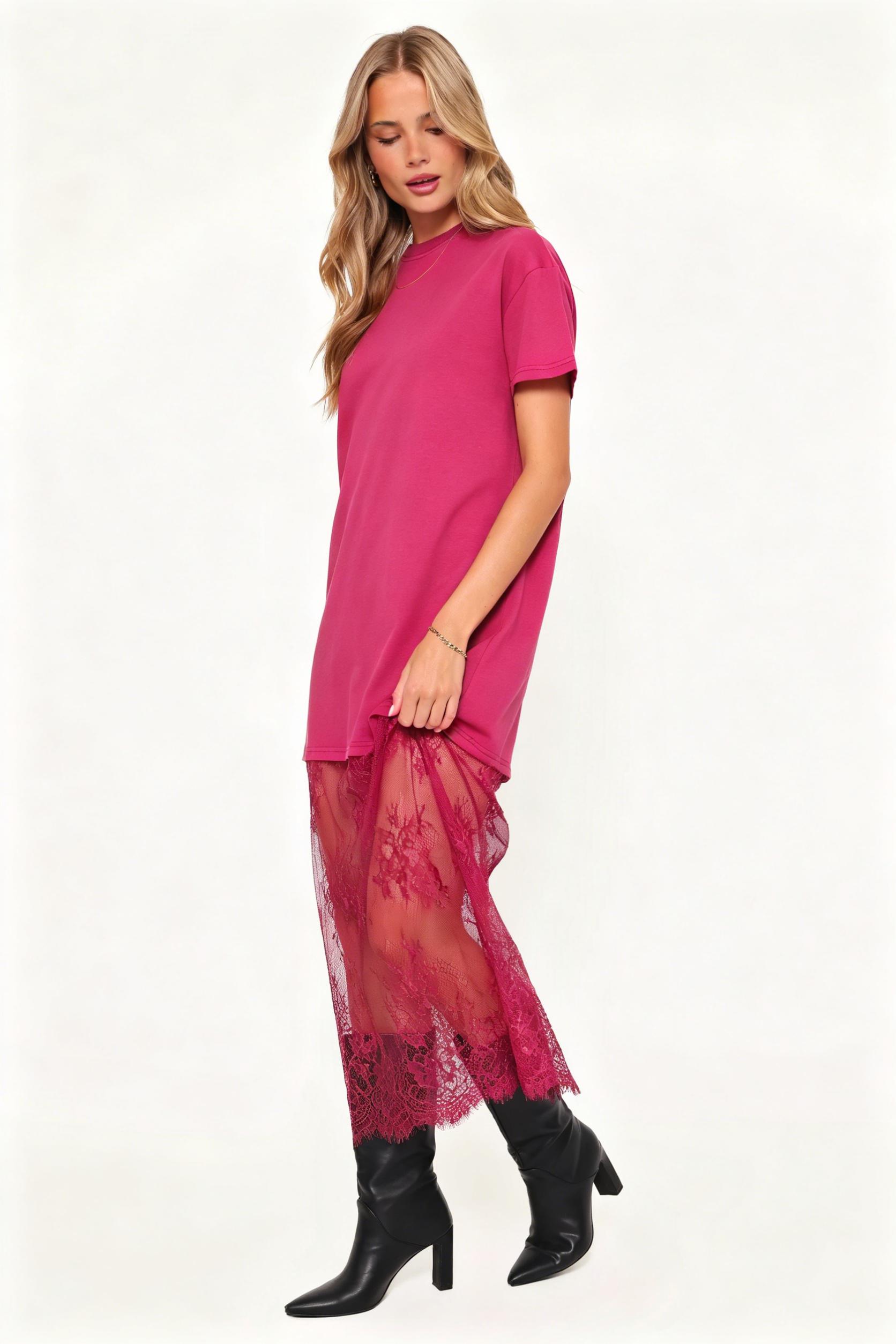 Mntaor Women's Oversized T-Shirt Maxi Dress with Sheer Lace Hem Drop Shoulder Short Sleeve Perfect for Street Style