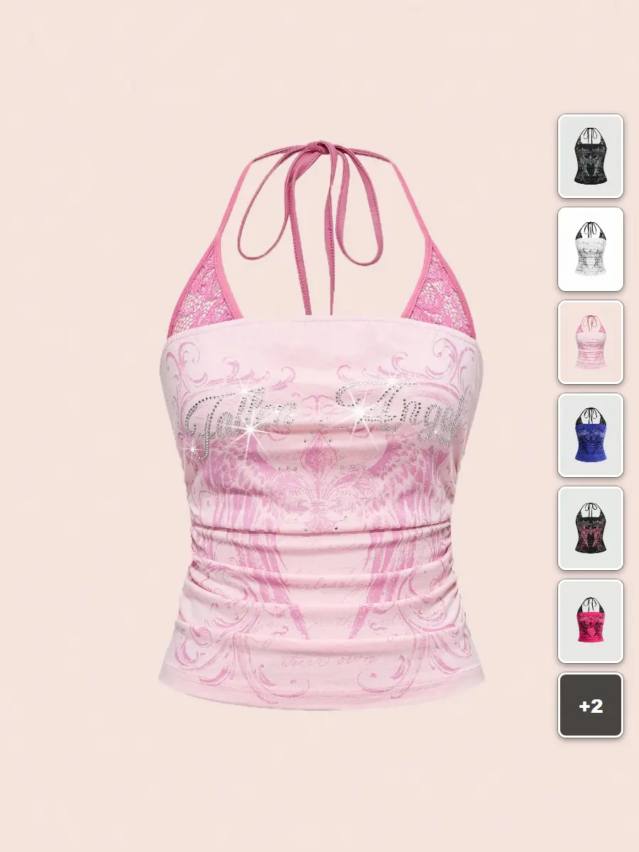 LACEX 2 In 1 Halter Top Wing Print Contrast Lace Y2K Concert Outfit Streetwear