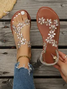 2026 New Crystal Flower Slip-On Sandals, Sparkly Sandals, Transparent Elastic Back Strap, Medium Width, Open Toe, Cut Out Heel, Versatile Flat Shoes, Summer Style Sandals