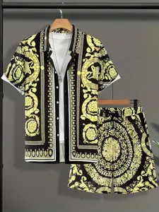 Luxury Baroque Gold Floral Hawaiian Shirt Shorts Set Men Women Black Gold Mandala Scrollwork Matching Outfit Summer Beach Party Aloha Loose Fit Vacation Gift