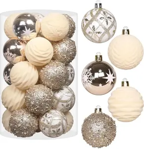 Velvet Christmas Ball Ornaments 25PCS Champagne Flocked Tree Hanging Decorations for Home Holiday Wedding Indoor Xmas Party Decor Velvet Material Elegant Design