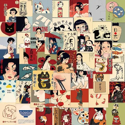 Vintage Japanese-Style Sticker, 50pcs/set Cartoon Pattern Decorative Stickers, DIY Decals for Water Bottles, Phone Cases, Scrapbooking, Journal Making, Ornaments, Accessories