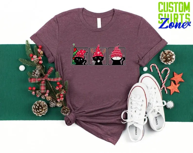Minimalist Christmas Shirt, Cat Lover Christmas Gift, Funny Christmas T-shirt, Kids Women Men Cat Owner Holiday Gift, Gnome Santa Cat Shirt