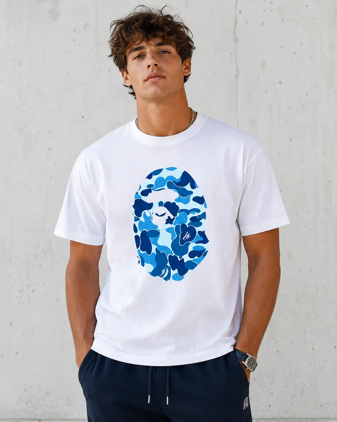 NEW 2026 Blue Camo Graphic Tee White Short Sleeve Crew Neck Casual Summer T-Shirt with Iconic Ape Head Design