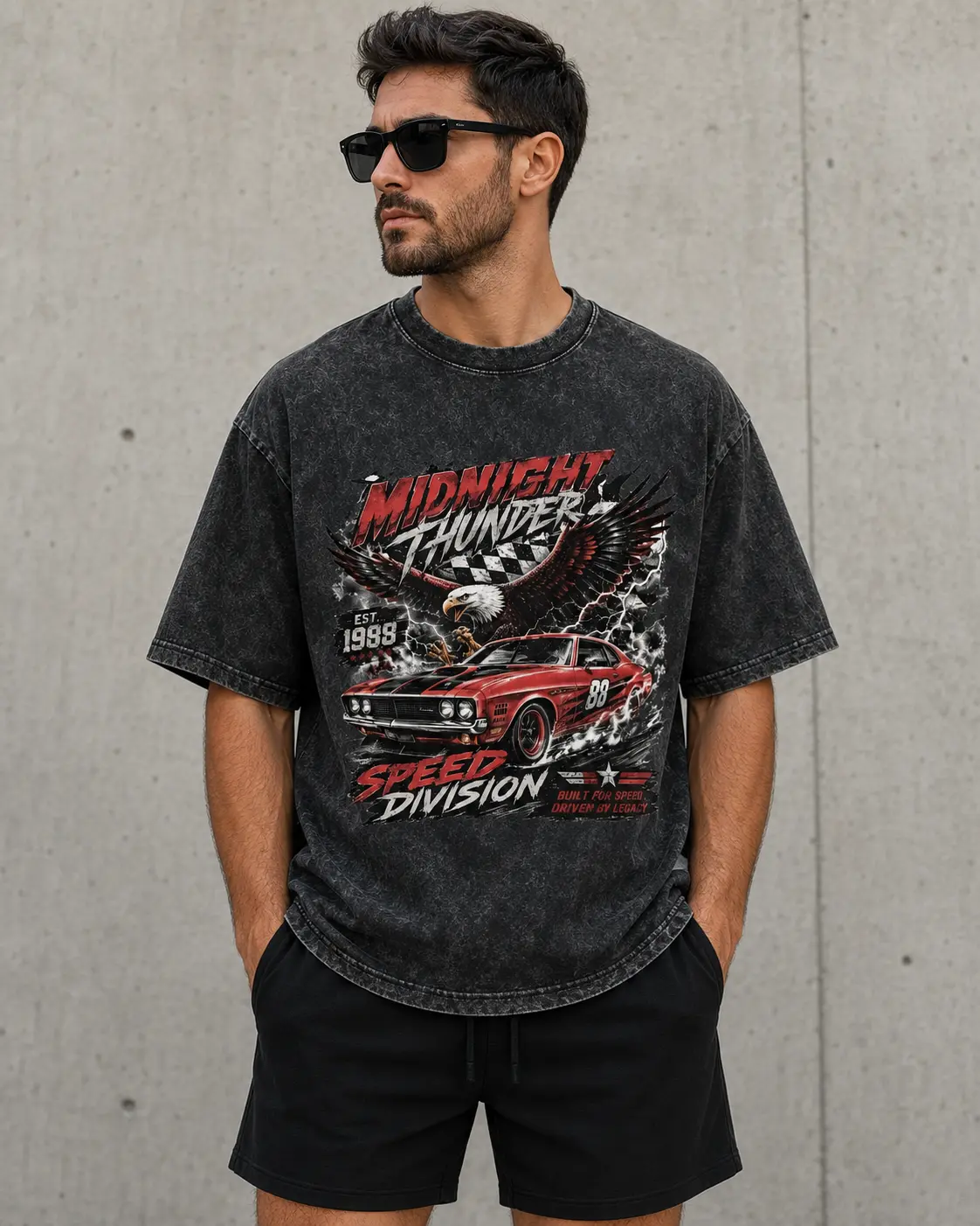 Men’s 100% cotton vintage washed racing graphic T-shirt, oversized streetwear car drift print tee, short-sleeve crew neck casual summer top