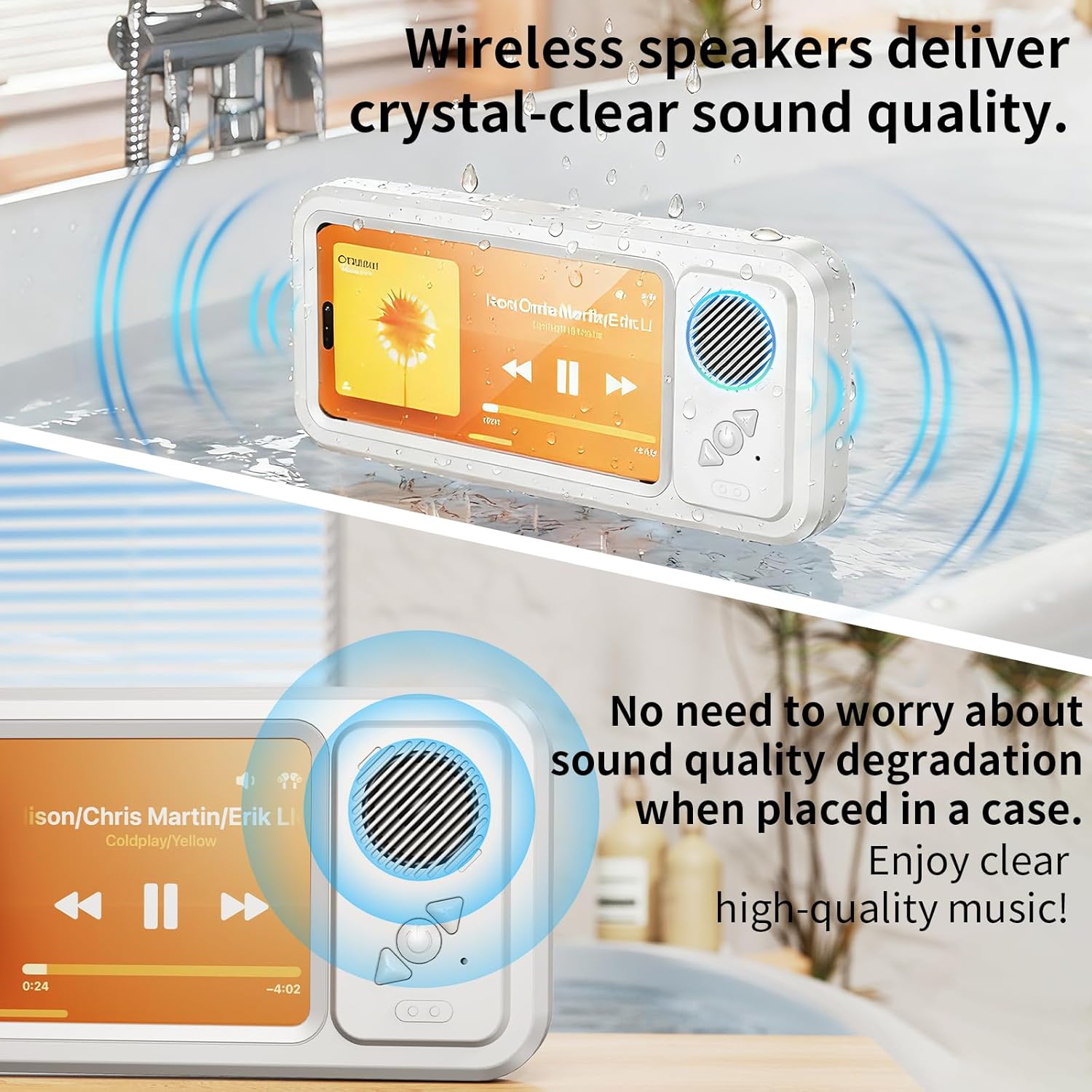 Shower Phone Holder with Bluetooth Speakerfor Bathroom, Kitchen, Pool 360° Rotatable Waterproof Touchscreen Case