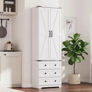 72'' Tall Rustic Farmhouse Kitchen Pantry Cabinet, Freestanding Wood Grain Cupboard with Barn Doors, 3 Drawers, Adjustable Shelves, Anti-Dump Design, Reinforced Bottom, Farmhouse Home Decor, Rustic Decor for Kitchen, Living Room, White, Rustic Farmhouse D
